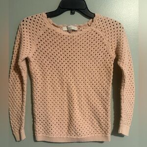 LOFT Light Blush Pink Open-Knit crochet pullover long sleeve sweater petite XS